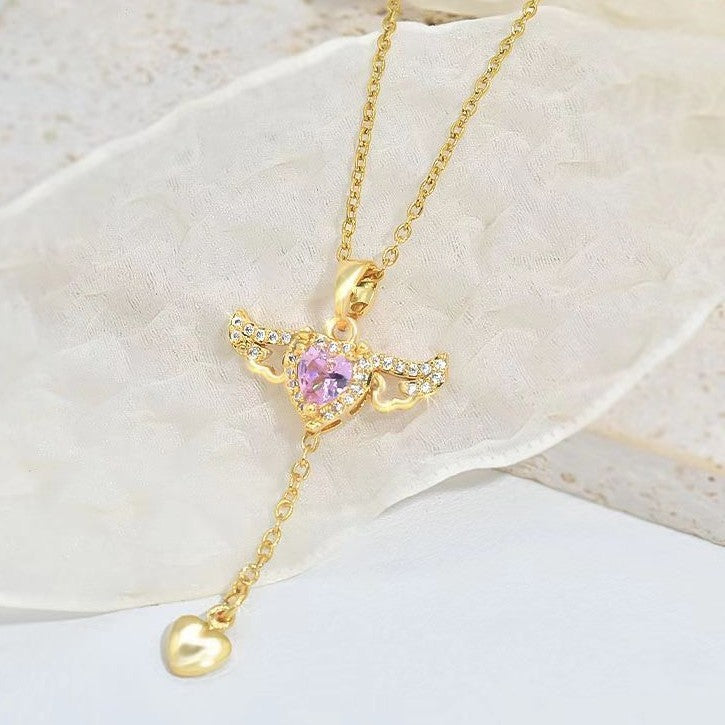 Cupid Heart Angel Wings Tassel Necklace With Crystal Clavicle Chain