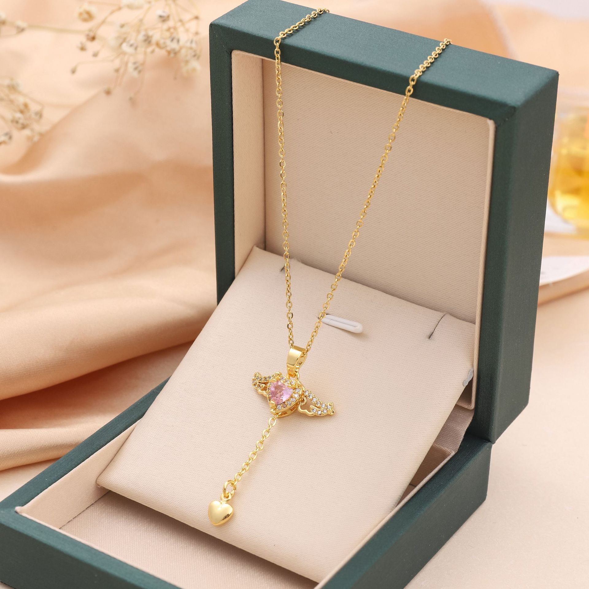 Cupid Heart Angel Wings Tassel Necklace With Crystal Clavicle Chain