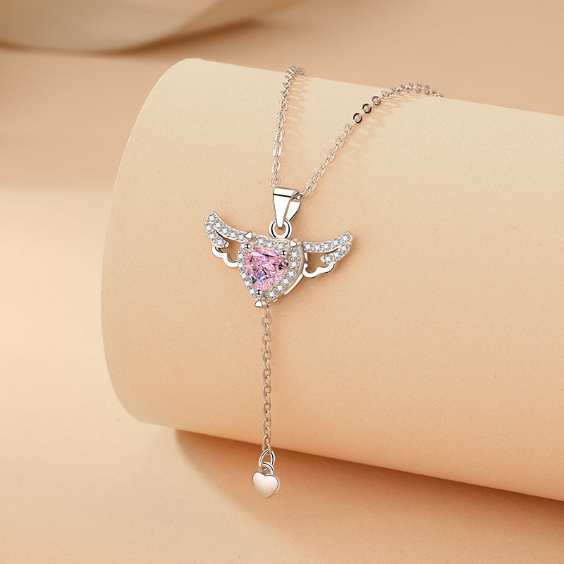 Cupid Heart Angel Wings Tassel Necklace With Crystal Clavicle Chain