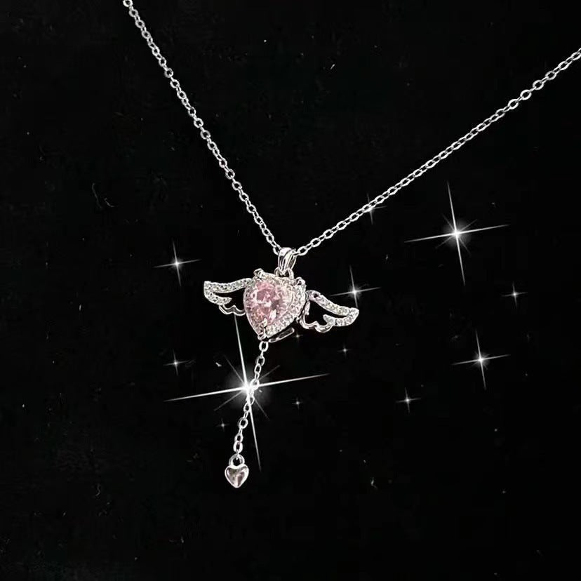 Cupid Heart Angel Wings Tassel Necklace With Crystal Clavicle Chain