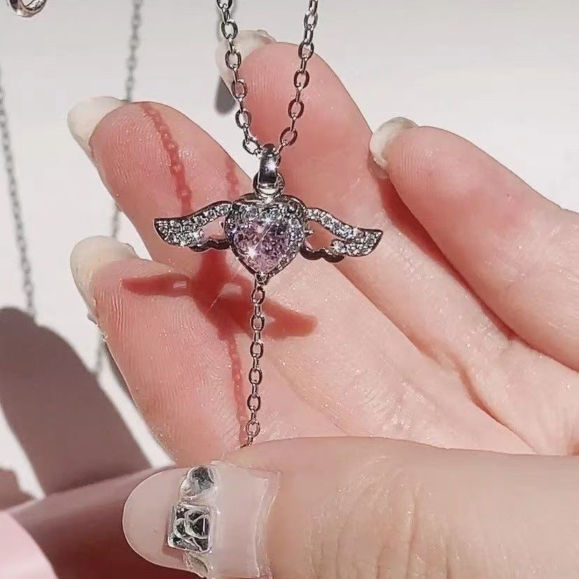 Cupid Heart Angel Wings Tassel Necklace With Crystal Clavicle Chain