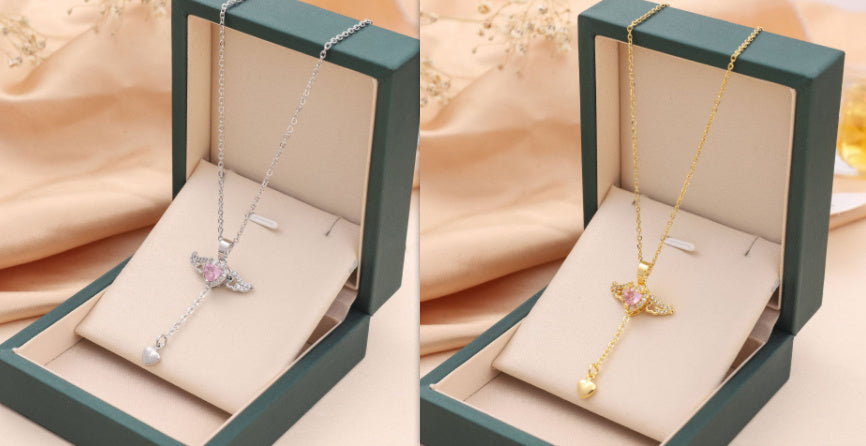 Cupid Heart Angel Wings Tassel Necklace With Crystal Clavicle Chain