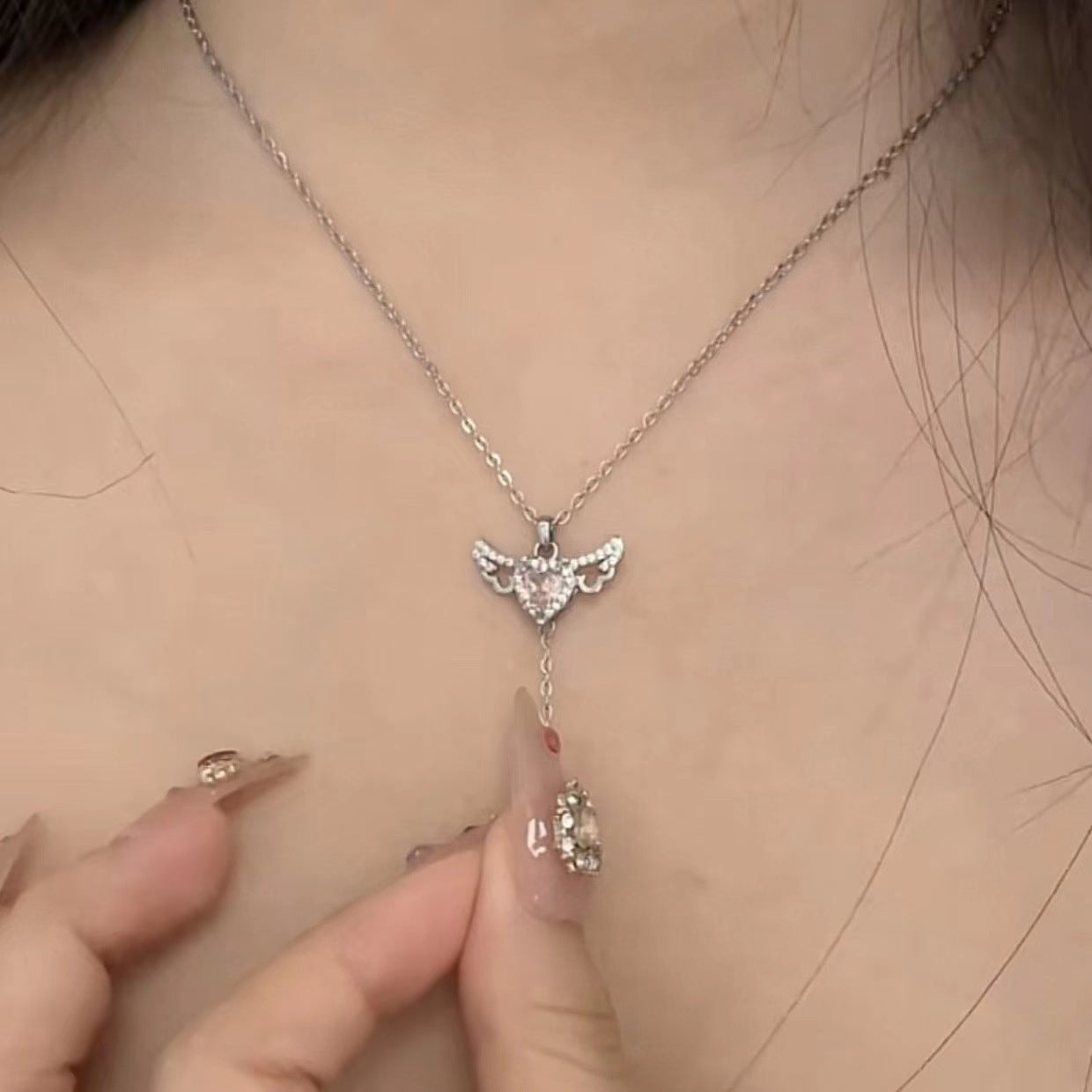 Cupid Heart Angel Wings Tassel Necklace With Crystal Clavicle Chain