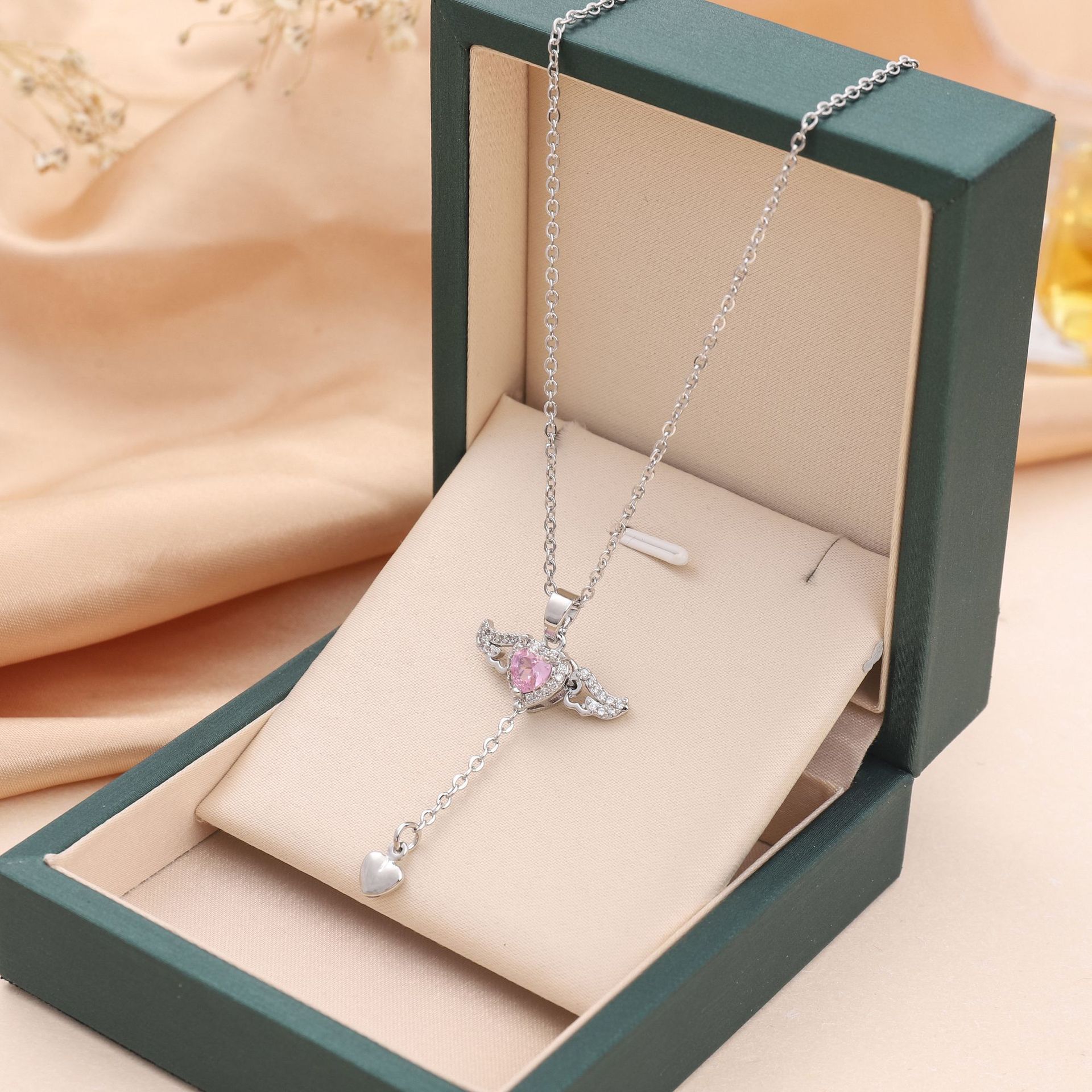 Cupid Heart Angel Wings Tassel Necklace With Crystal Clavicle Chain