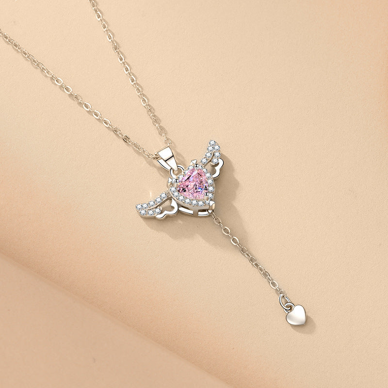 Cupid Heart Angel Wings Tassel Necklace With Crystal Clavicle Chain